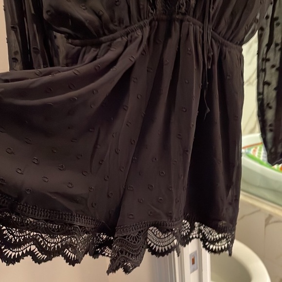 Express Black Clip Dot Sheer Chiffon Romper; tonal dot pattern and lace detail - Picture 6 of 8